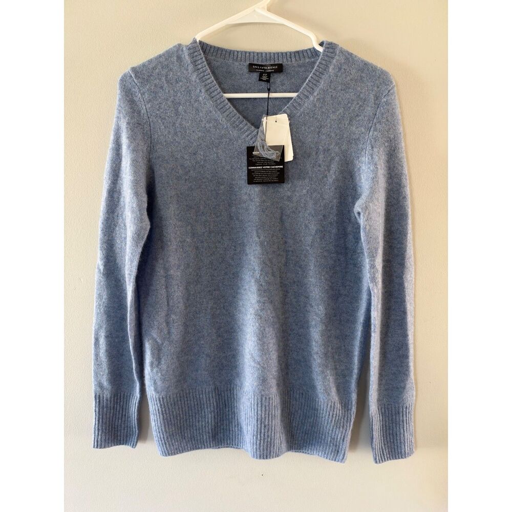 NEW Saks Fifth Avenue Women's 2Ply Cashmere V-Neck Sweater Blue Denim Heat Small